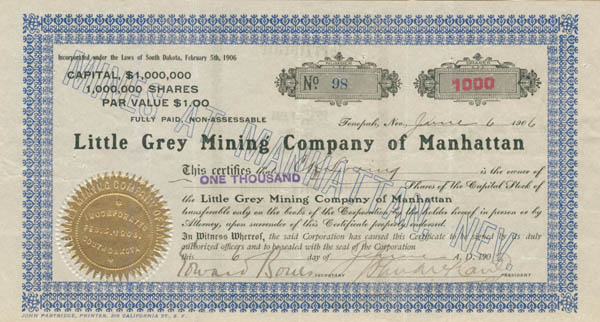 Little Grey Mining Co. of Manhattan - Stock Certificate